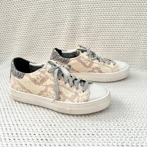 P448 Beige Snake Print Thea Low To Platform Lace Up Sneaker Glitter Heel 40 Wmn - Picture 1 of 11